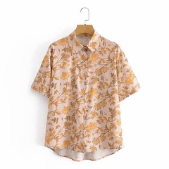 lapel golden flower print loose short-sleeved shirt