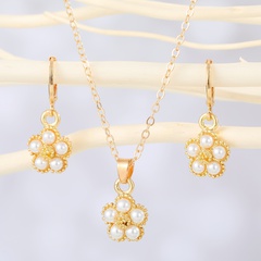 fashion geometric inlaid pearl flower pendent alloy necklace earrings
