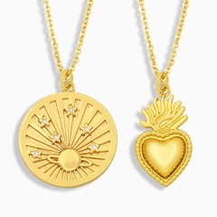 Retro golden round sun heart pendant copper inlaid zircon necklace