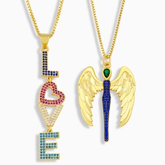 fashion color diamond plated gold letters geometric wing pendant necklace