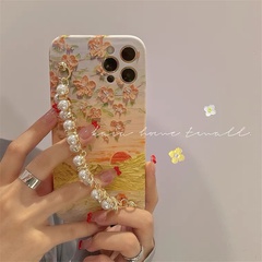 fashion oil painting sunset flowers pearl bracelet mobile phone case