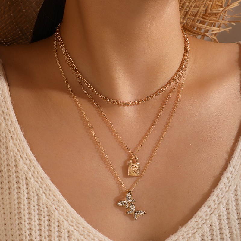 Einfache Mode Liebe Vorhngeschloss Anhnger Diamant Schmetterling Multilayer Halskette