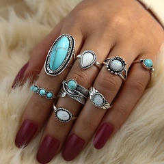 retro inlaid turquoise carved feather alloy ring 8-piece set