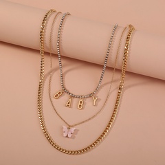 Simple Pink Acrylic Butterfly Letter Pendant Multilayer Necklace