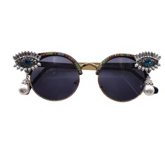 fashion retro color diamond-studded pearl round frame sunglasses