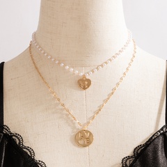 Korean new cute romantic pearl love pendant hollow letter double-layer necklace