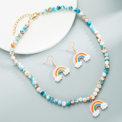 Blaue Perlen imitierte Jade böhmische Halskette Ohrringe Set Regenbogenschmuck