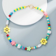 Bohemian Colorful Beads Imitation Pearl Flower Necklace Mixed Color Handmade Beaded Necklace