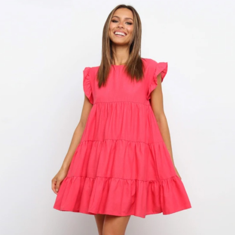 fashion ruffled solid color round neck loose shortsleeved dress