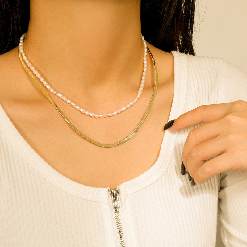 Fashion Doublelayer Pearl Chain 14K Gold Stainless Steel Necklace