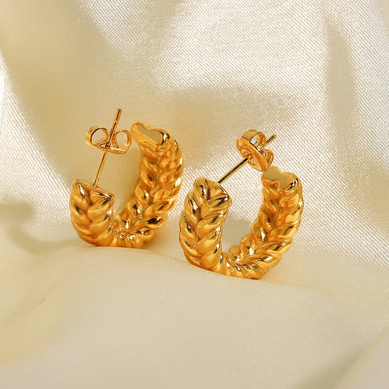 retro goldplated stainless steel double wheat Cshaped earrings