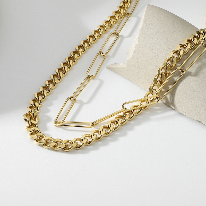 Cuban simple cross doublelayer 14K golden titanium steel necklace