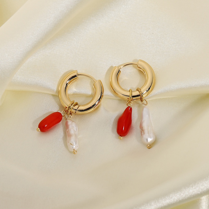 Korean style handwoven natural coral stone freshwater pearl pendant earrings
