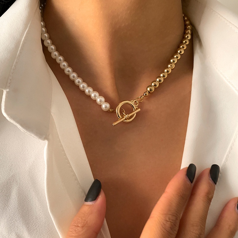 fashion niche specialshaped splicing pearl OT buckle necklace