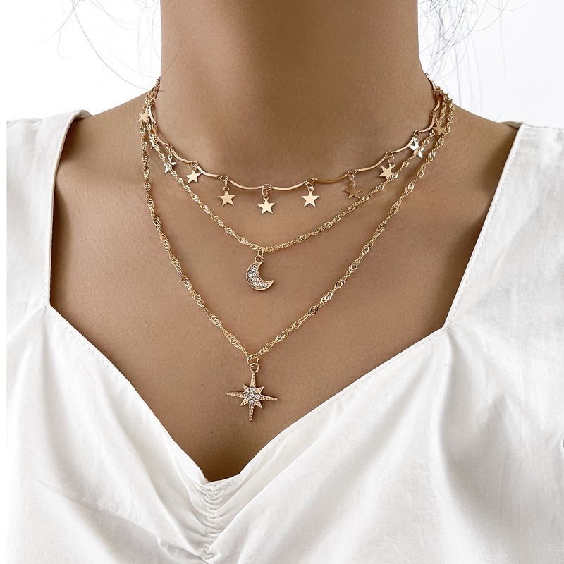 Star moon multilayer necklace fivepointed star clavicle chain