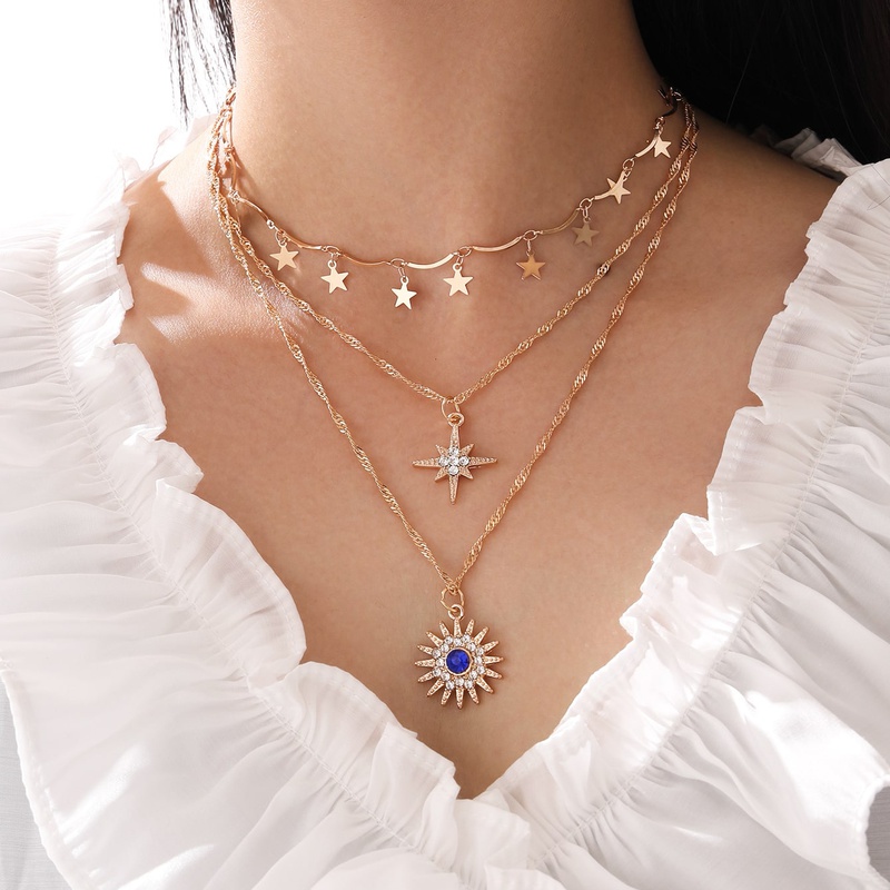 Multilayered wear fivepointed star diamond eightpointed star Sun Flower Pendant Tassel Necklace