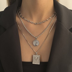 Ethnic style portrait square pendent twist chain multi-layer necklace