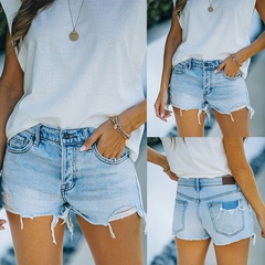 Summer fashion ripped fringed solid color denim shorts