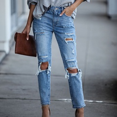 Ripped straight solid color denim trousers women jeans