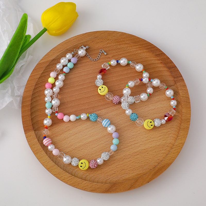 Fashion beaded smiley face pearl crystal bracelet necklace set