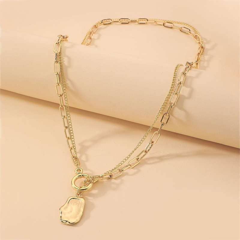 fashion style new doublelayer chain OT buckle metal geometric pendant necklace