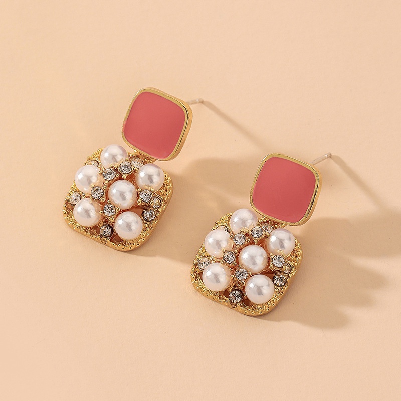 Korean style retro pearl inlaid rhinestone square earrings