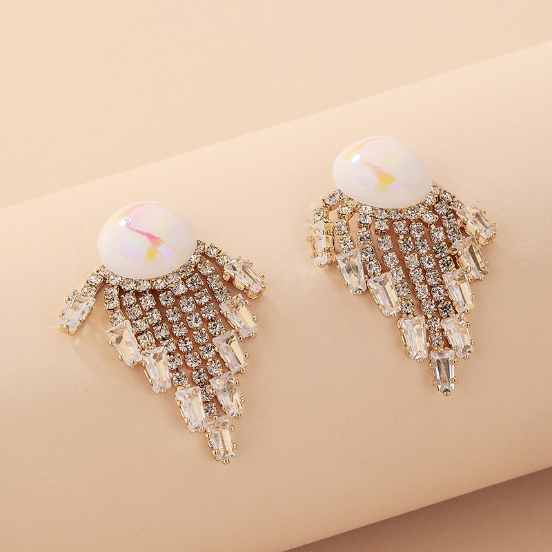 Korean style pearl inlaid diamond zircon tassel earrings