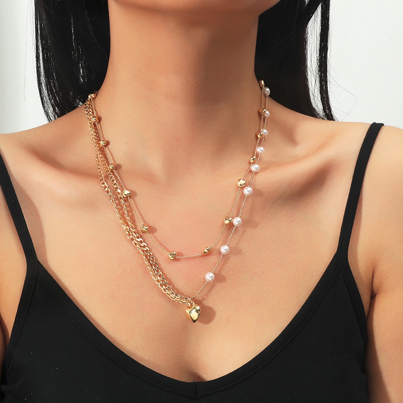 simple retro Korea new multilayer splicing love pearl necklace