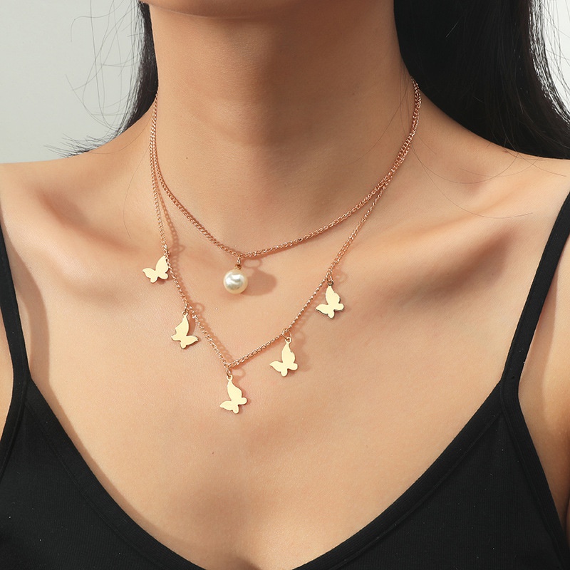 Korean simple multilayer fashion butterfly pearl necklace