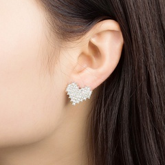 Simple long full diamond heart-shaped pearl earrings