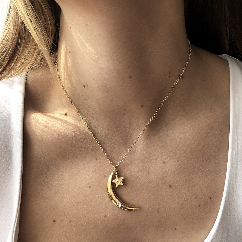 Fashion alloy microinlaid moon star necklace