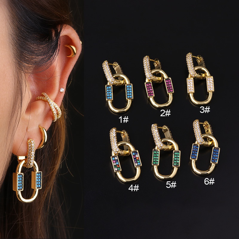 Bohemian style colorful zircon geometric metal texture goldplated earrings