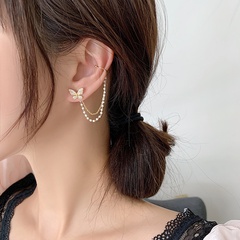 Simple asymmetrical pearl tassel butterfly earrings