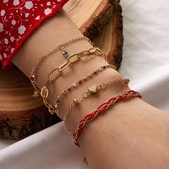 Bohemian red braided rope color beads alloy bracelet set of 5