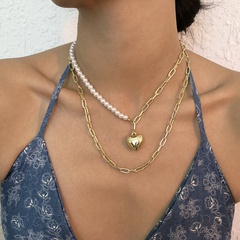 simple imitation pearl double-layer clavicle chain heart shape necklace