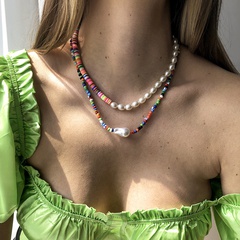 bohemian style imitation pearl rice bead color double layer necklace
