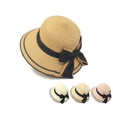 Korean style bow wide-brimmed sunshade parent-child straw hat's discount tags