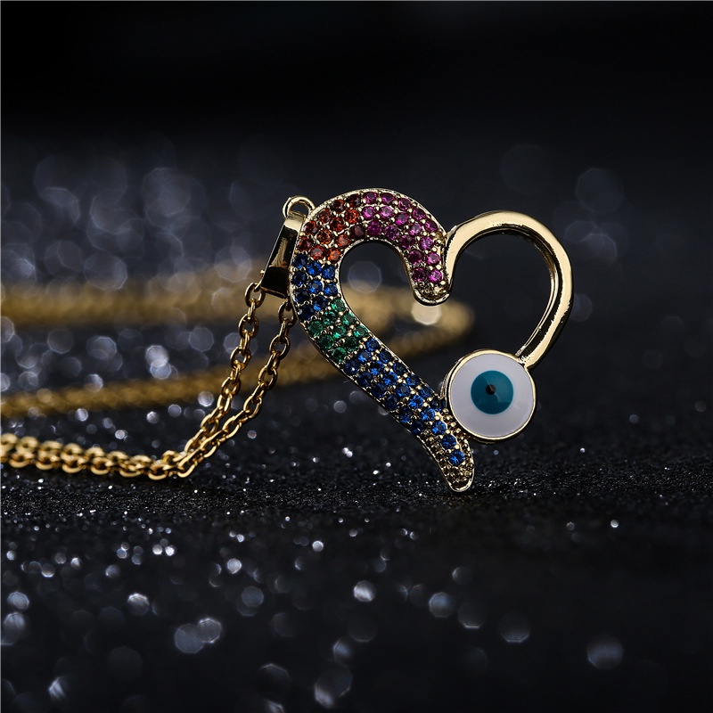 fashion copper microinlaid color zirconium heart shape oil dripping devils eye pendant necklace