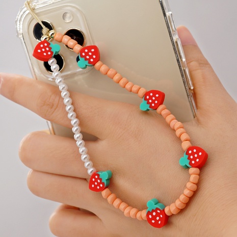 ethnic style imitation pearl soft pottery strawberry mobile phone lanyard's discount tags
