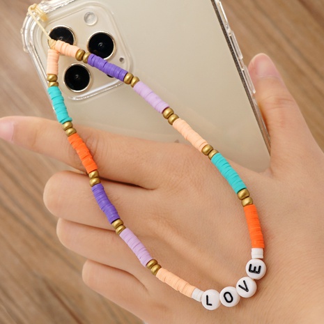 simple style acrylic letter stained glass rice beads mobile phone chain lanyard's discount tags