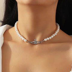 Retro-Stil Perle Flash Diamant Anhänger Schlüsselbein Kette Halskette