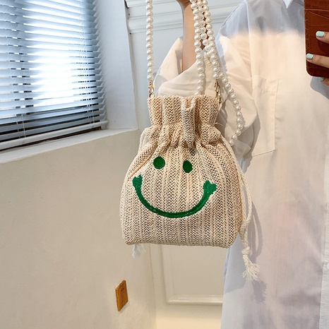 fashion pearl smiley messenger straw bucket bag's discount tags