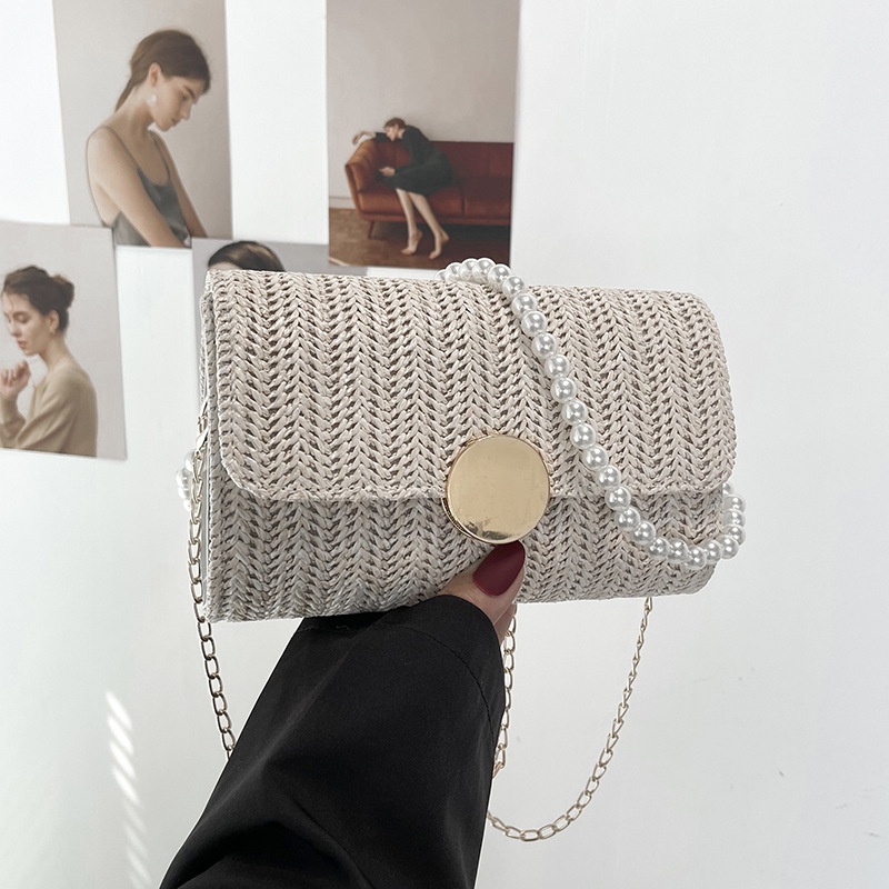fashion straw armpit pearl small square bag