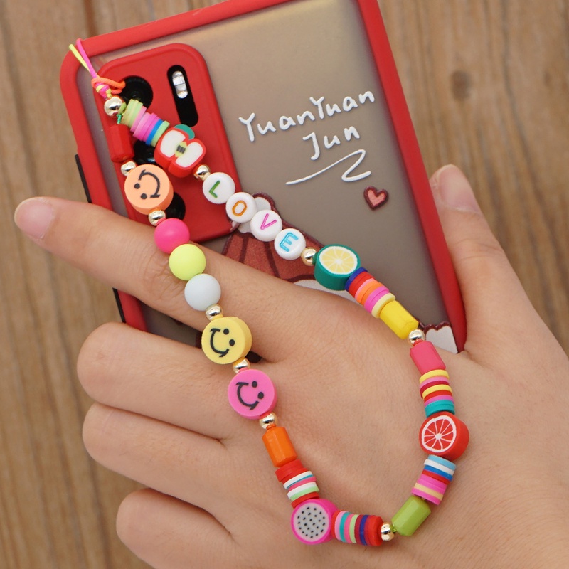 Mobile phone hanging jewelry Bohemian colored pottery LOVE letter beaded antilost mobile phone chain