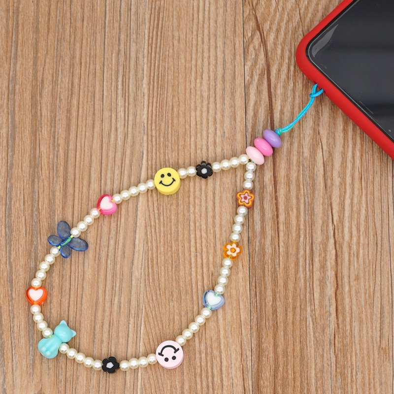 Imitation pearl smiley soft pottery love beaded mobile phone lanyard
