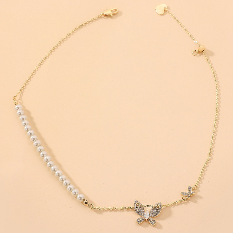 European and American Gold Plated Pearl Diamond Butterfly Necklace 2021 Fashion Super Fairy Choker Cold Temperament Clavicle Chain