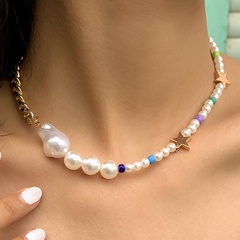 Europe and America Cross Border Metal Chain Baroque Pearl Necklace Female Bohemian Vacation Style Color Bead Necklace