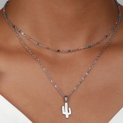 Simple stainless steel oil drop cross double layer necklace