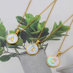 simple style round blue shell 26 English letter titanium steel pendant necklace