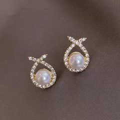 Retro Water Drop Cross Pearl Full Diamond Earrings